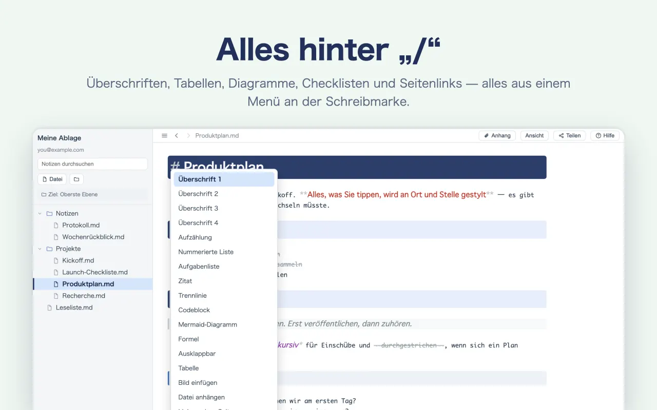Alles hinter „/“ — Überschriften, Tabellen, Diagramme, Checklisten und Seitenlinks — alles aus einem Menü an der Schreibmarke.