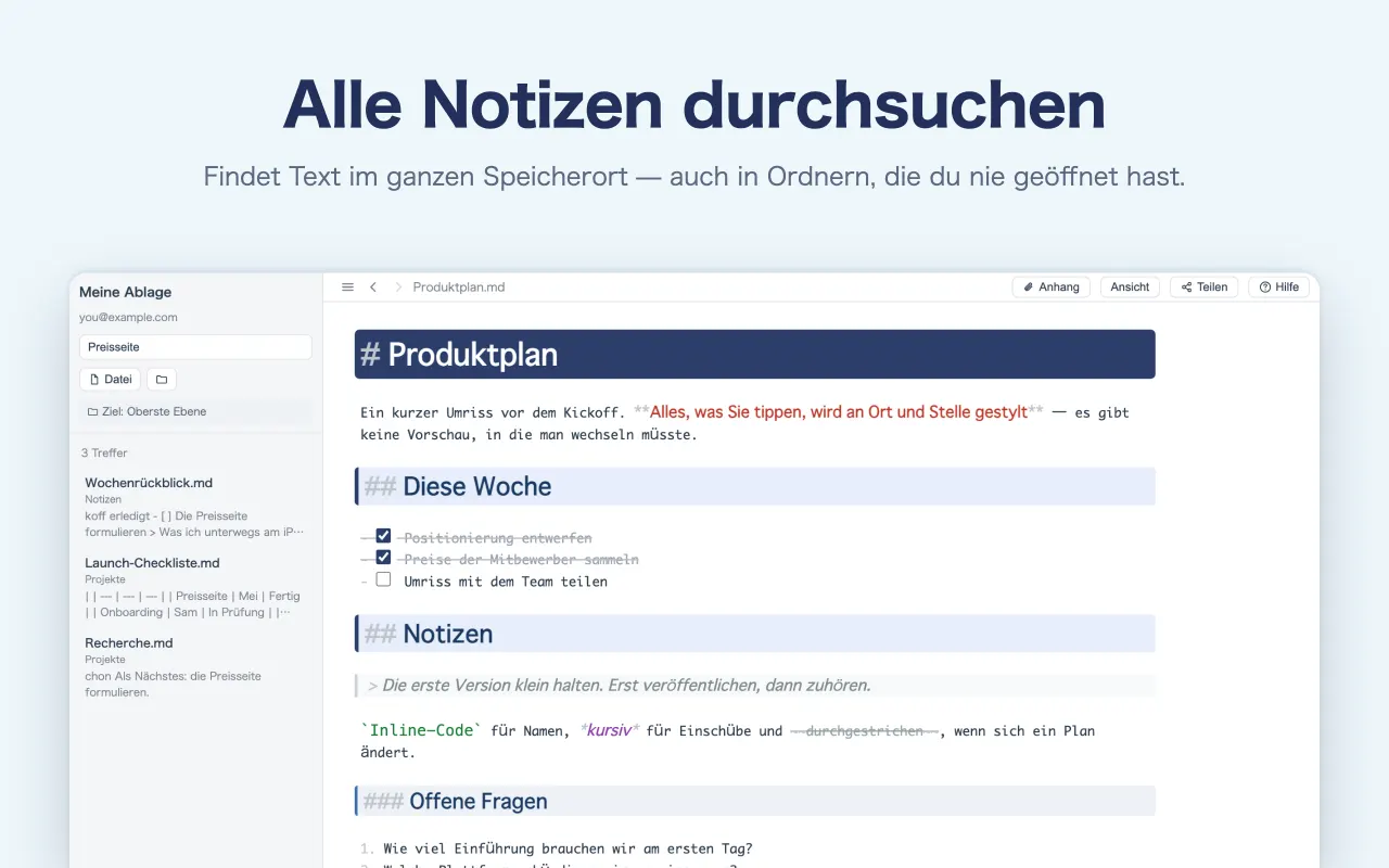 Alle Notizen durchsuchen — Findet Text im ganzen Speicherort — auch in Ordnern, die du nie geöffnet hast.