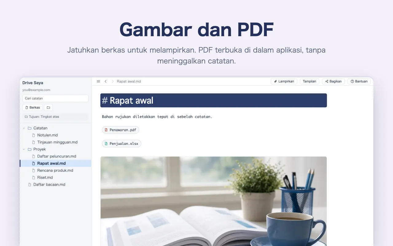 Gambar dan PDF — Jatuhkan berkas untuk melampirkan. PDF terbuka di dalam aplikasi, tanpa meninggalkan catatan.