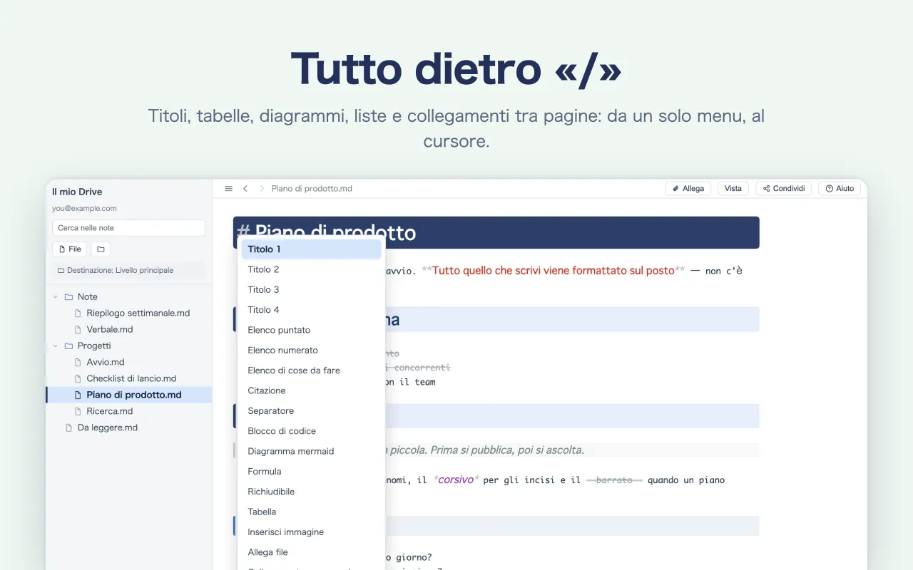 Tutto dietro «/» — Titoli, tabelle, diagrammi, liste e collegamenti tra pagine: da un solo menu, al cursore.