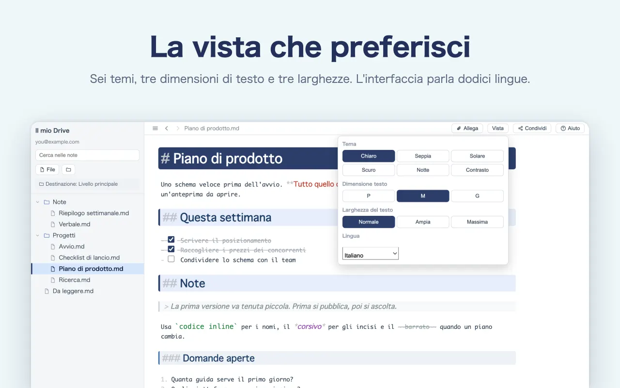La vista che preferisci — Sei temi, tre dimensioni di testo e tre larghezze. L'interfaccia parla dodici lingue.